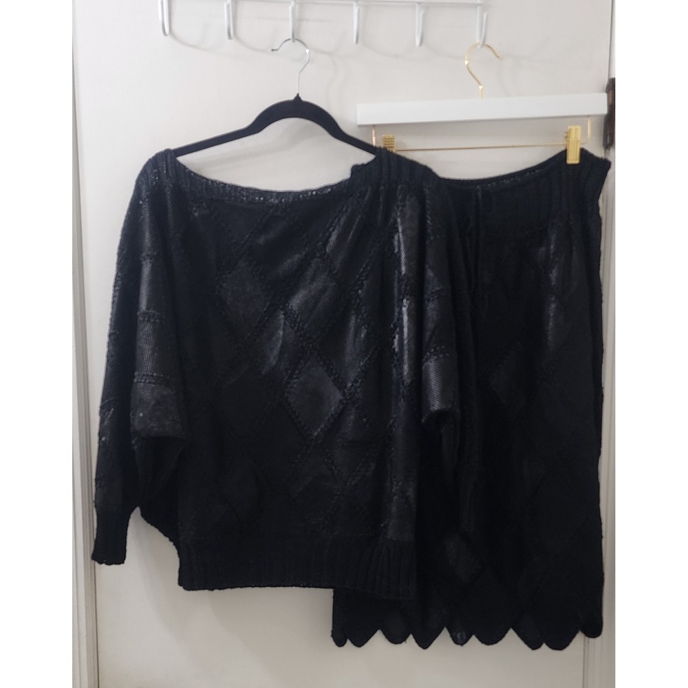 Vintage Black Diamond Knit 2 Piece Set‎ Batwing Top Scalloped Midi Skirt L XL